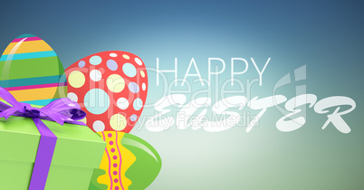 White type and green gift and red green eggs against blue green background