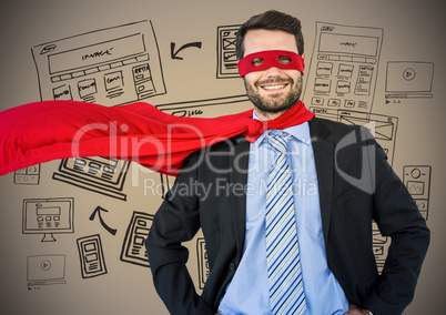 Business man superhero with hands on hips against brown background with website doodles