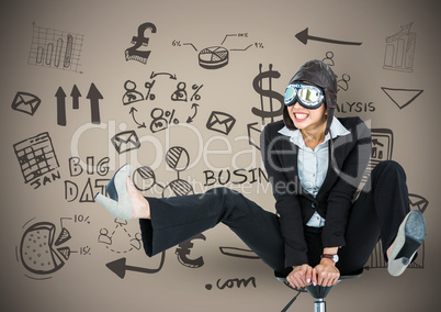 Business woman pilot on chair against brown wall with business doodles