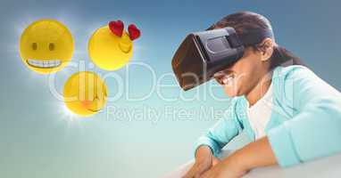 Girl in VR with emojis and flares against blue green background