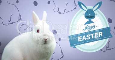 Happy Easter text with Easter rabbit in front of pattern