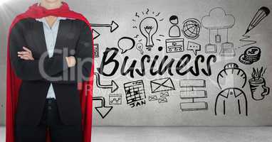 Business man superhero opening shirt against grey wall with business doodles and flare