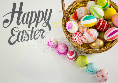 Grey easter graphics with eggs on table and in basket