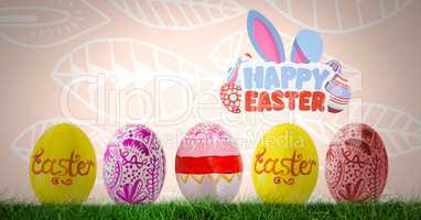 Happy Easter text with Easter eggs in front of pattern