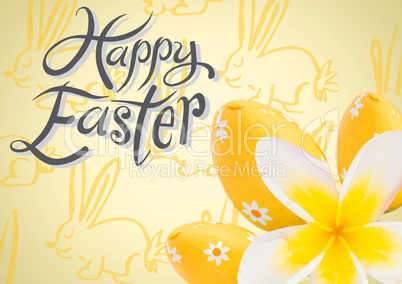 Grey type and yellow flower and eggs against yellow easter pattern