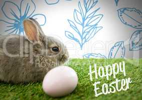 Happy Easter text with Easter rabbit with egg in front of pattern