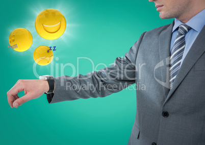 Business man with hand out and emojis with flares against teal background