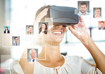 Woman wearing VR Virtual Reality Headset with Interface