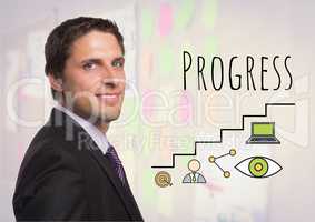 Confident businessman and Progress text with drawings graphics