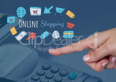 Hand pointing and Online shopping text with drawings graphics