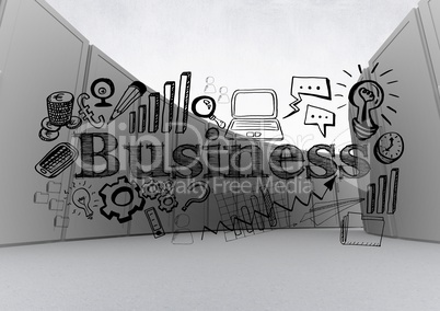 White and grey hall of servers with black business doodles