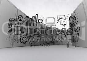 White and grey hall of servers with black business doodles