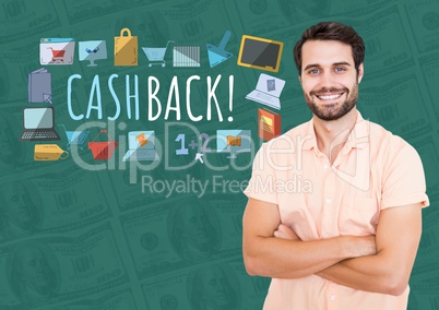 Smiling man with arms folded and Cashback text with drawings graphics