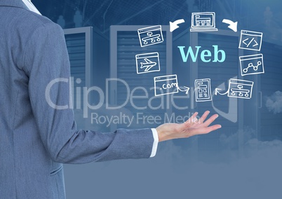 Businessman with open hand and Web text with drawings graphics