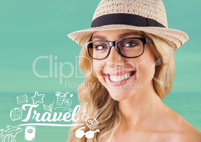 Smiling woman with hat and Travel text with drawings graphics