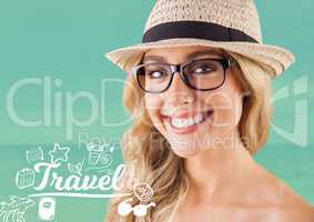 Smiling woman with hat and Travel text with drawings graphics