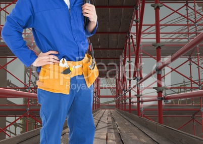 Builder with tools belt in 3D scaffolding