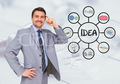 Businessman thinking and Idea text with drawings graphics