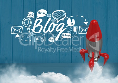 3D Rocket flying and Blog text with drawings graphics