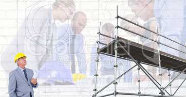 Inspector looking the 3D scaffolding with group of architects background