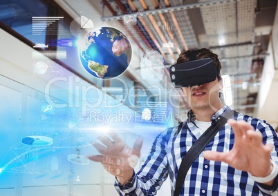 Man wearing VR Virtual Reality Headset with Interface