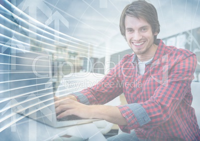 Man with laptop behind arrow graphic overlay
