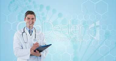 Happy doctor (men) with blue molecule background