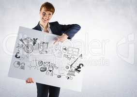 Businesswoman holding card with business graphics drawings