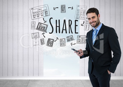Businessman with phone and Share text with drawings graphics
