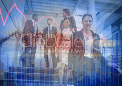 Business people walking down stairs with blue chart graphic overlay