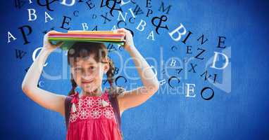 Digital composite image of girl carrying books on head with letters flying in background