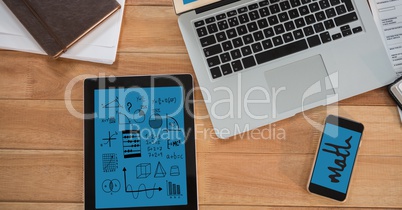 Directly above shot of technologies with diary and papers on wooden table