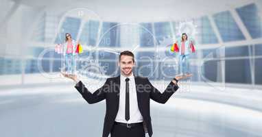 Digital composite image of businessman carrying woman with shopping bags