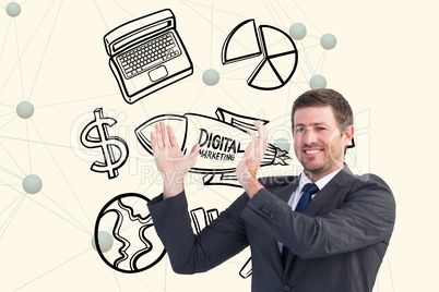 Digitally generated image of businessman gesturing with various icons in background