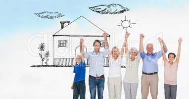Digitally generated image of family holding hands while standing on field with house drawn in  sky