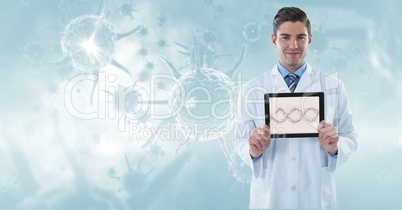 Digitally generated image of male doctor showing DNA structure in tablet computer against organism g