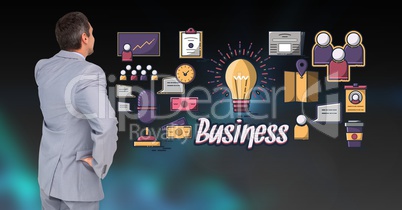 Digital composite image of businessman with idea icons and business text
