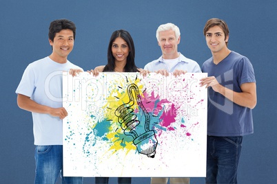 Men and woman holding bill board with light bulb drawn on it