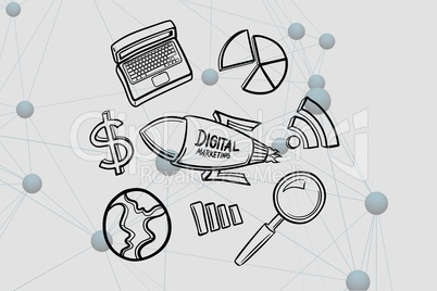 Digital composite image of digital marketing written on rocket by various icons
