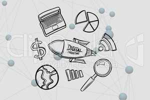 Digital composite image of digital marketing written on rocket by various icons