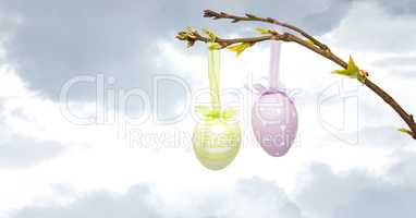 Easter eggs hanging on branch in front of bright sky