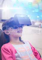 Girl wearing VR Virtual Reality Headset with Interface