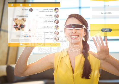 Woman wearing VR Virtual Reality Headset with Friends social media Interface