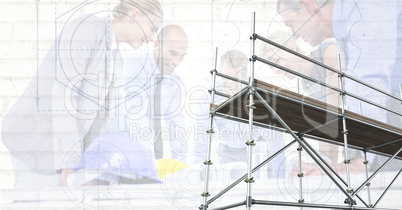 3D scaffolding with architects and blueprint background