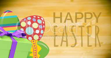 Green type and green gift and red green eggs against green background