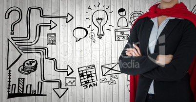 Business woman superhero mid section with arms folded against grey wood panel with business doodles