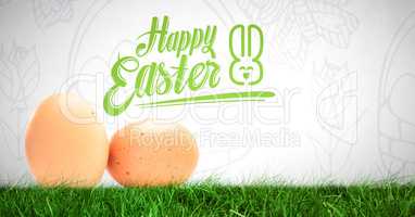 Happy Easter text with Eggs in front of pattern