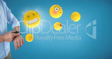 Business man mid section with watch and emojis with flare against blue backround