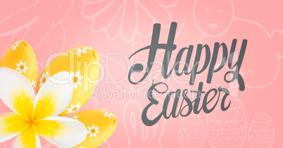 Grey type and yellow flower and eggs against pink easter pattern
