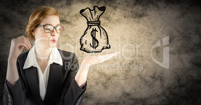 Business woman with money doodle in hand against brown grunge background